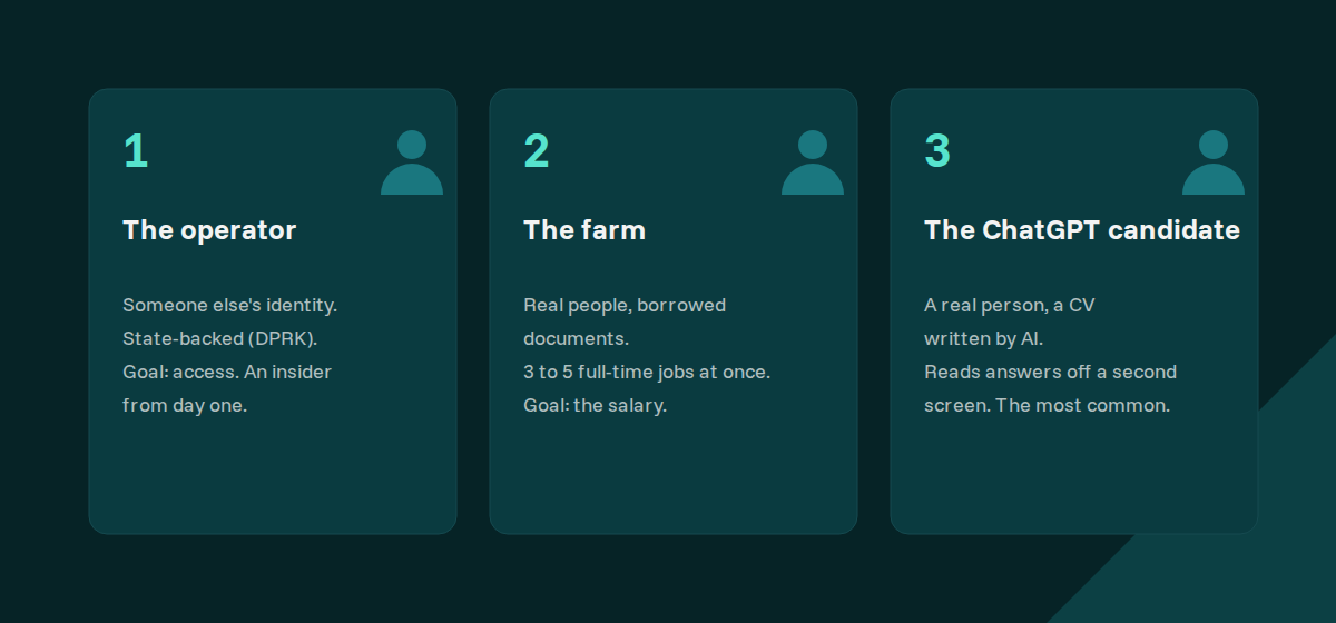 Three profiles behind fake candidates: the operator, the farm, the ChatGPT candidate
