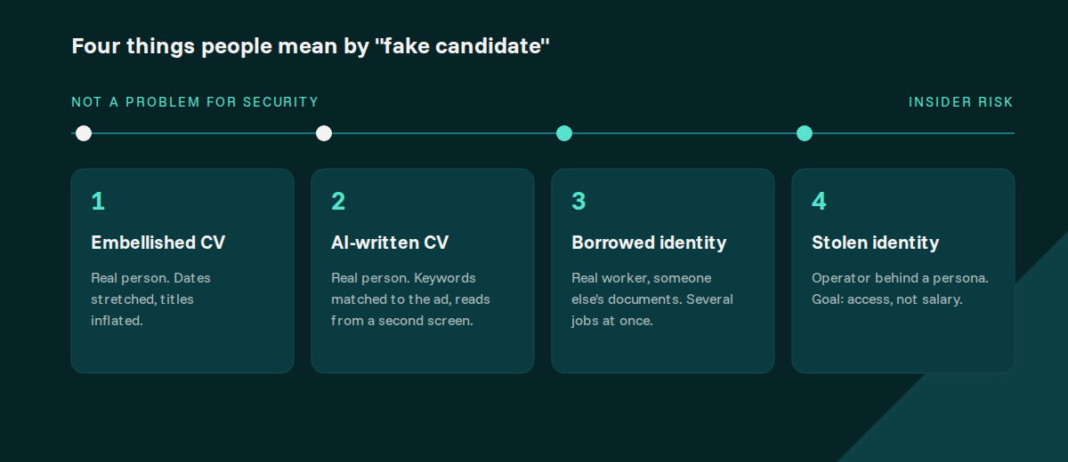 Four types of fake candidate on a spectrum from embellished CV to stolen identity